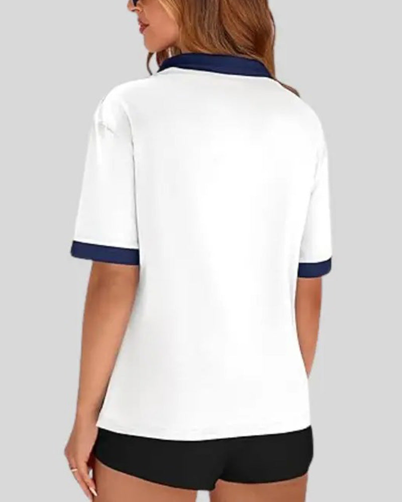 Damen Poloshirt mit Colorblock-Design als modisches Oberteil im Detail