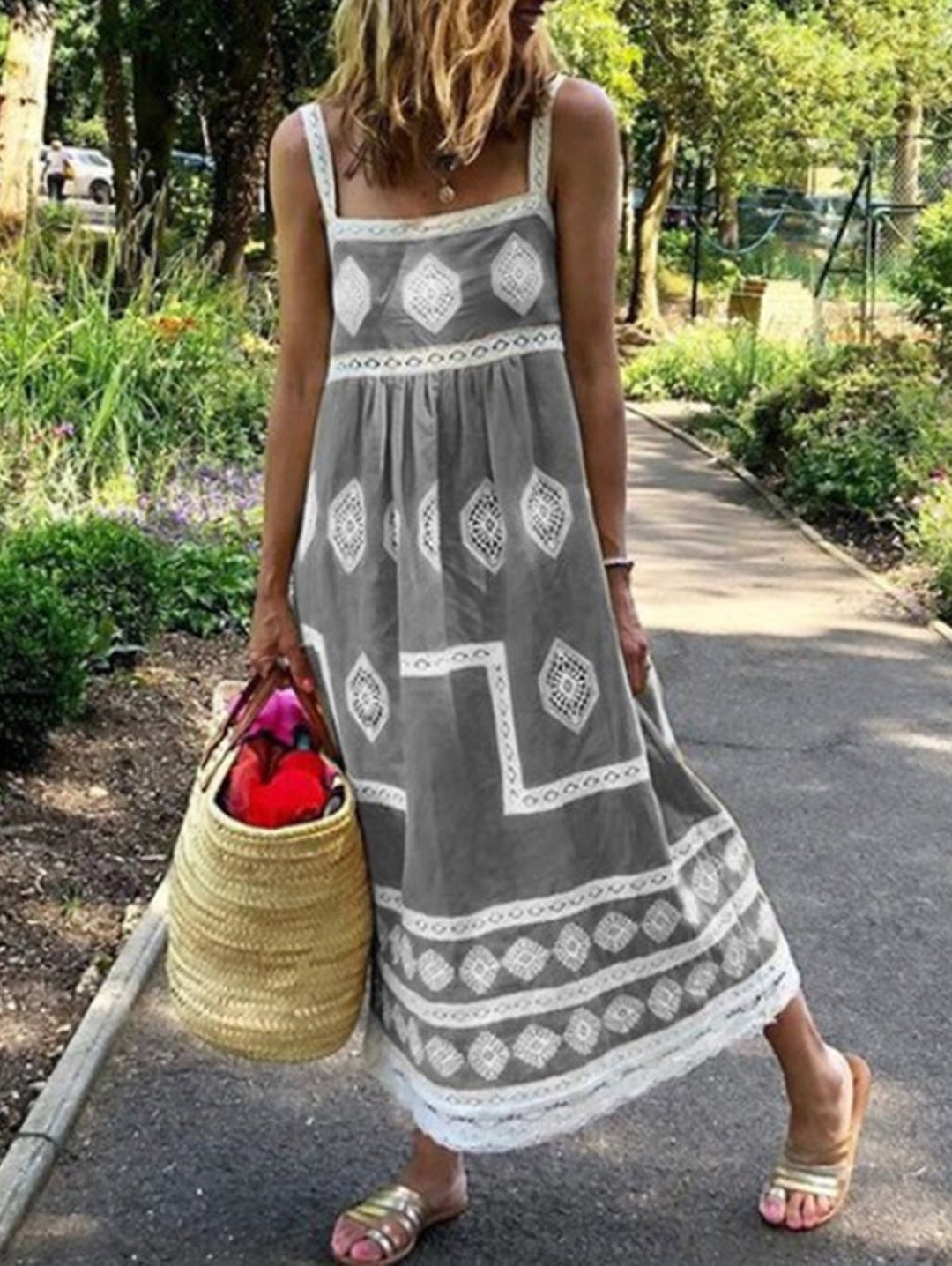 Gelbes Boho-Muster Maxikleid mit quadratischem Ausschnitt