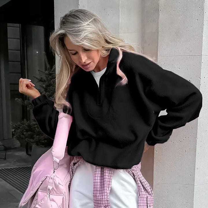 Damen Fleece Sweatshirt Stehkragen Reißverschluss Lässige Passform
