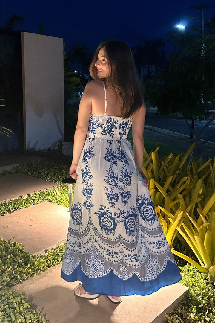 Polyester Spaghettiträger Midi Kleid Blau
