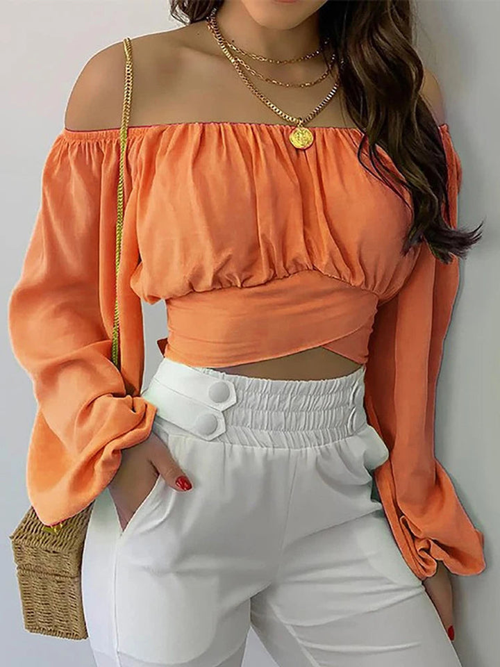 Damen Schulterfreie Kurzbluse mit leichten Ballonärmeln