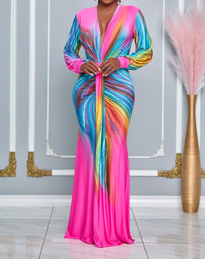 Maxikleid mit V-Ausschnitt und Batik-Faltenrock