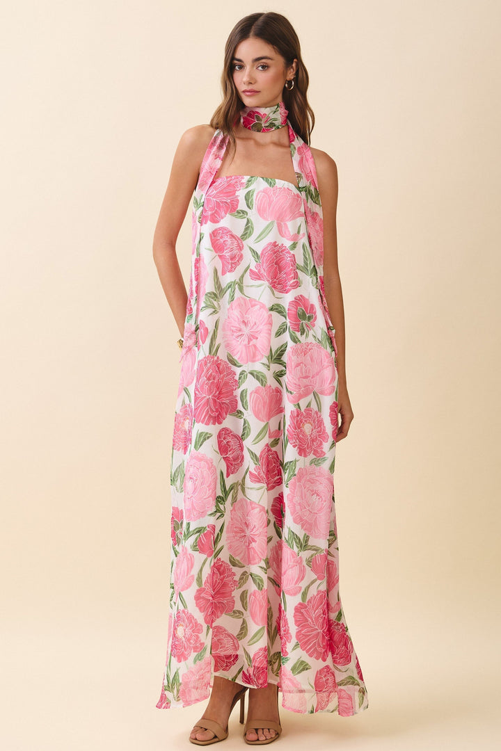 Damen Maxikleid Mit Blumenmuster Und Neckholder Rosé