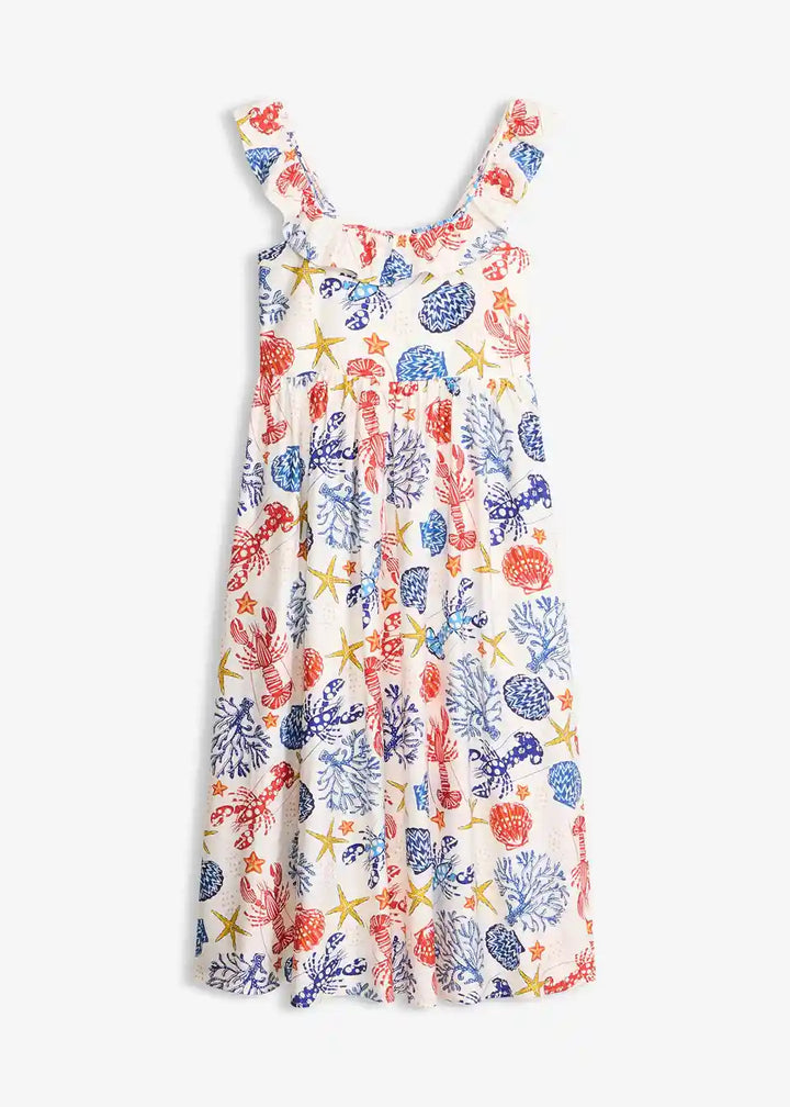 Damen-Maxikleid mit Meerestier-Print und Rüschenträgern in voller Ansicht