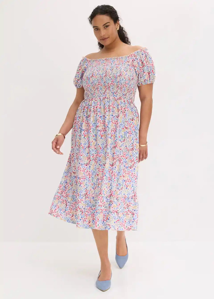 Sommerliches Damen Midikleid mit Blumenmuster und fließender Silhouette