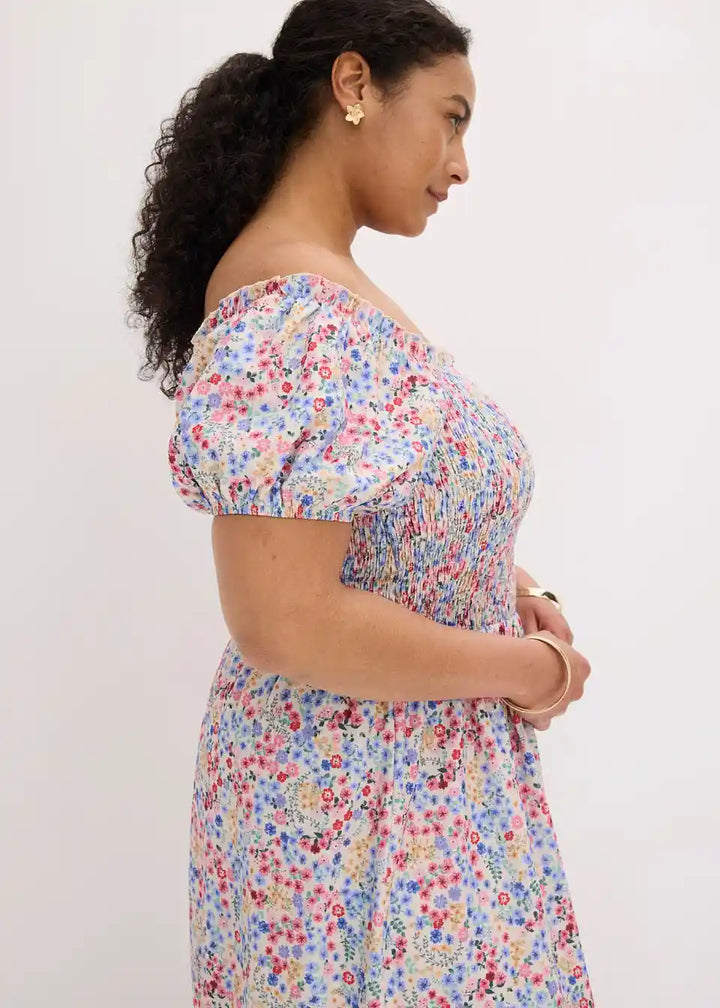 Florales Off-Shoulder Sommerkleid für Damen mit Midi-Länge im Detail