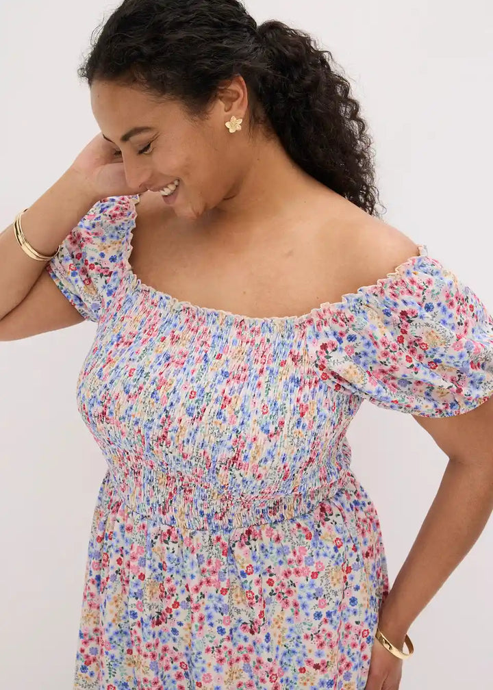 Damen Midikleid Off-Shoulder mit Blumenmuster in Rückansicht
