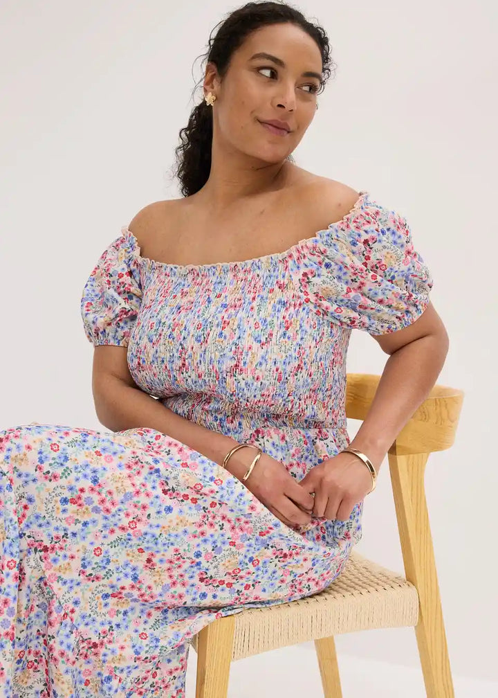 Locker fallendes Damen Midikleid mit Blumenmuster für Urlaub und Gartenparty