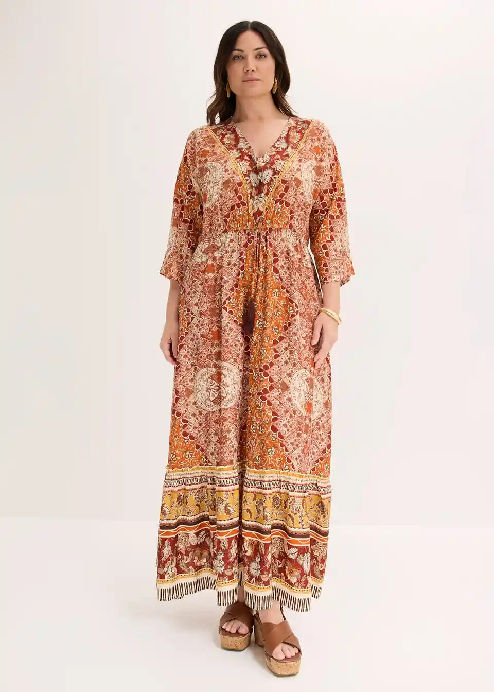 Luftiges Boho-Maxikleid für Damen mit 3/4-Ärmeln und fließendem Schnitt