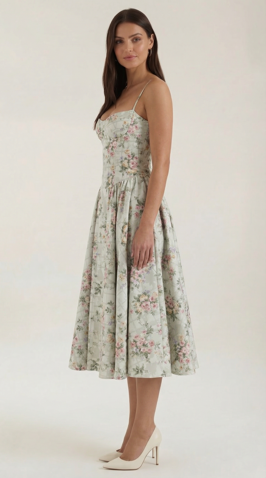 Damen Blumenmieder Midikleid mit Herzausschnitt