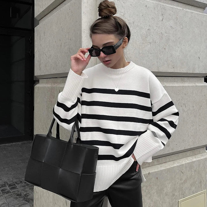 Damen Oversized Gestreifter Strickpullover