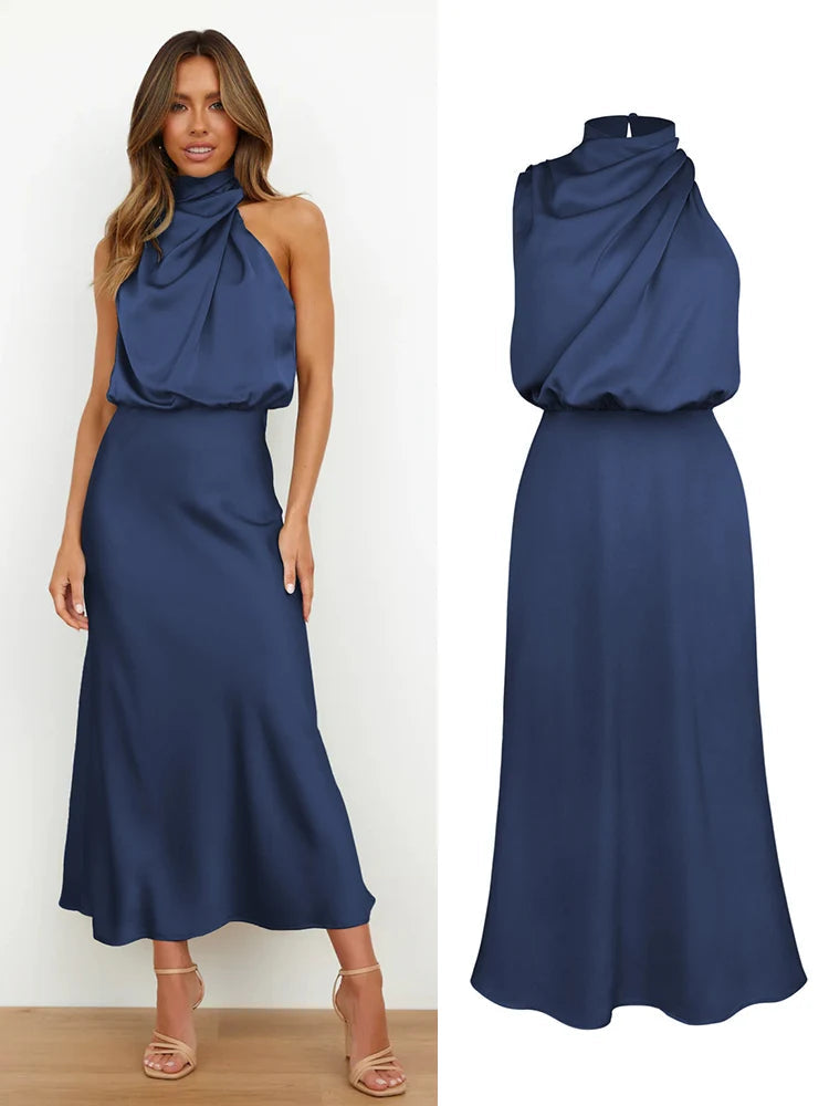 Damen Satin Asymmetrisch Geschnittenes Midi-Kleid