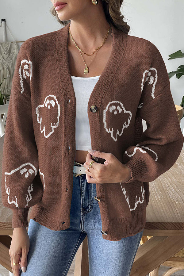Gemütlicher Halloween-Geister-Strickpullover mit Knopfleiste