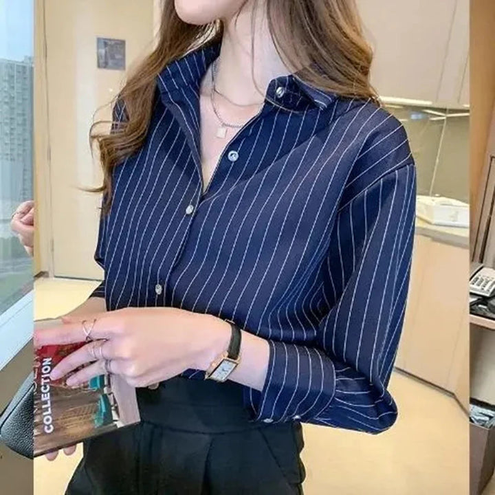 Damen Lockeres Langarmshirt mit Streifen Blau Weiß