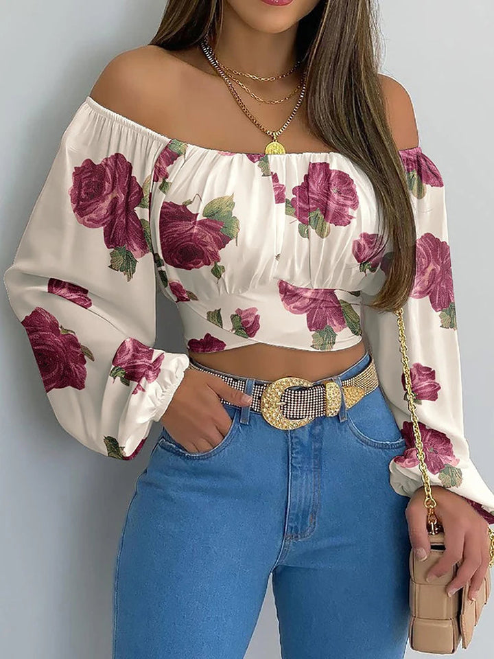 Damen Schulterfreie Kurzbluse mit leichten Ballonärmeln
