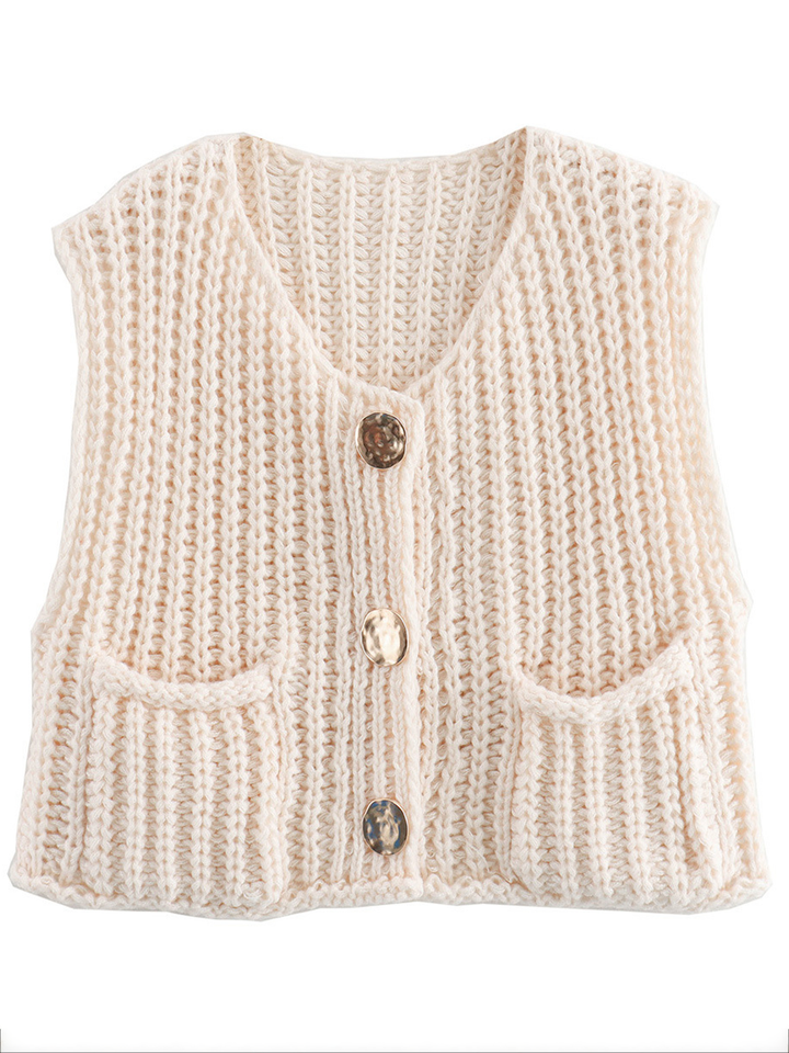 Damen Strickcardigan Ärmellos Mit Knöpfen Und Taschen
