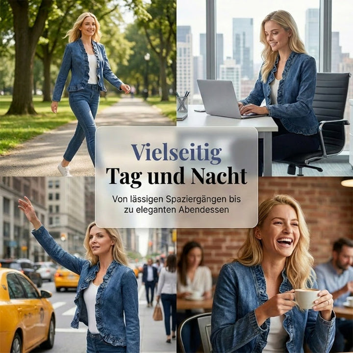 Damen-Jeansjacke mit Rüschensaum und offenem Verschluss