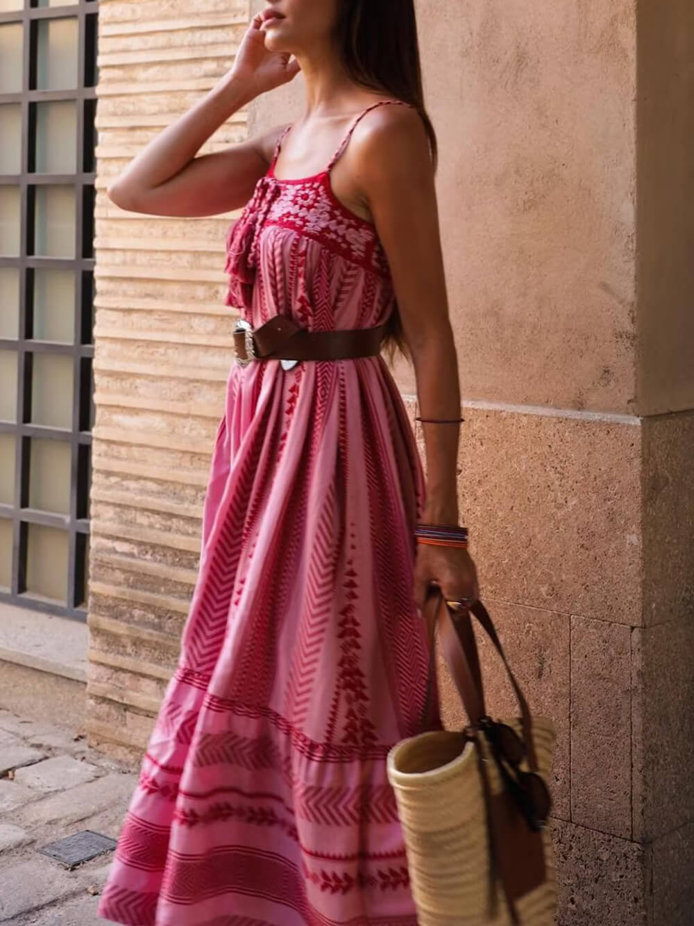 Ethno-Stil Häkel-Patchwork Strick Maxikleid
