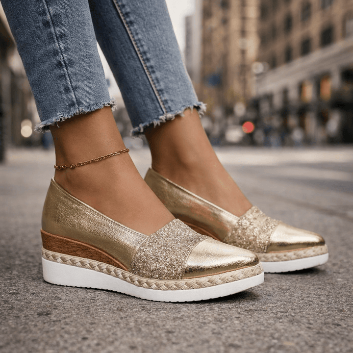 Damen Keilabsatz Pantoletten Mit Glitzerband