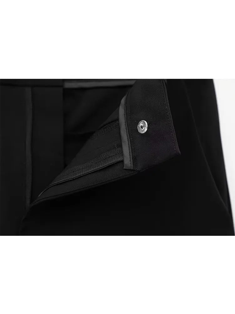 Damen Slim Revers Reißverschluss Kurzarm Mantel Oberteil Weite Bein Hose Set Schwarz