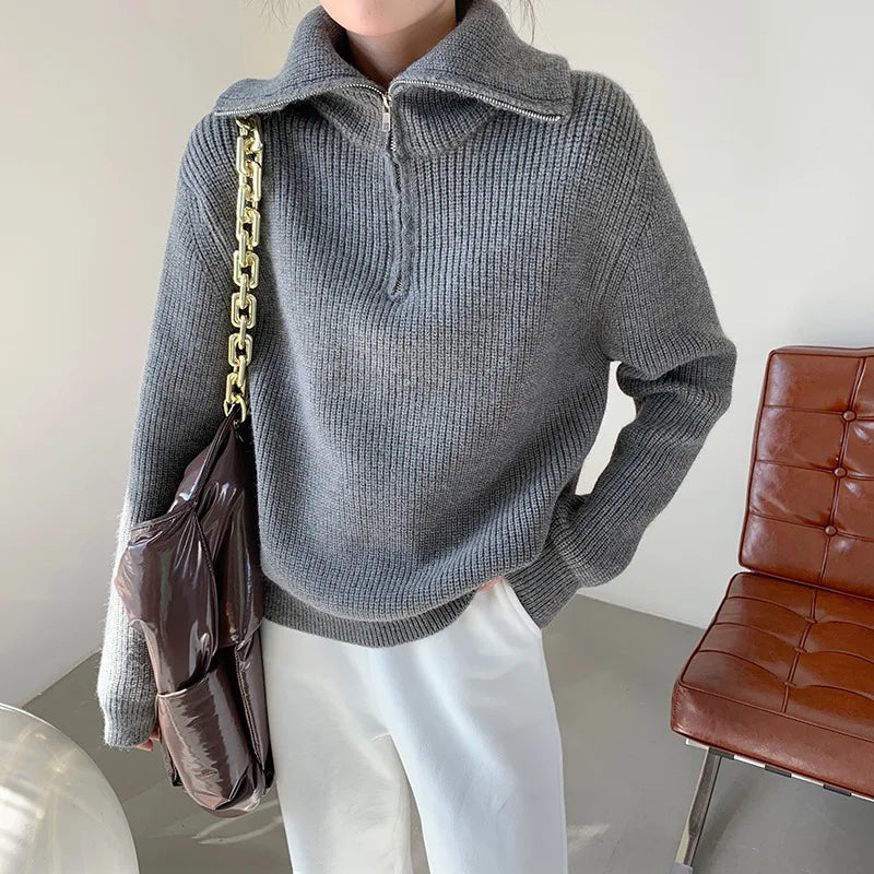 Gemütlicher dicker Strickpullover mit Reißverschluss-Kragen für lässige Wärme