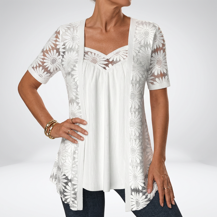 Damenbluse mit floraler Spitze und Stickerei