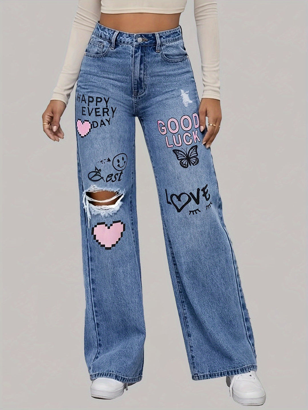 Kräftige Grafik High-Waist Weite Denim-Jeans