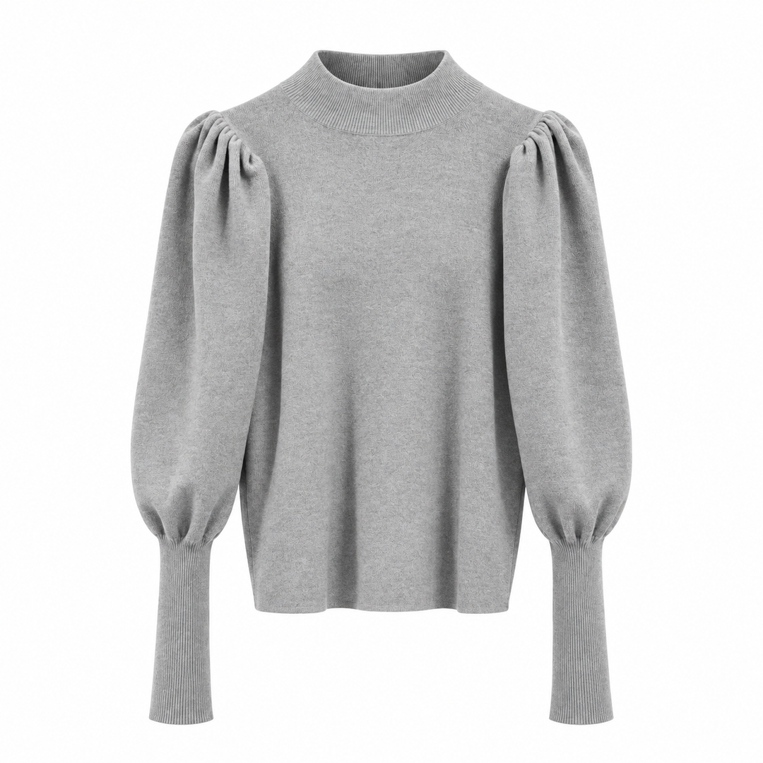 Rückansicht des Damen-Rippstrickpullovers mit Stehkragen