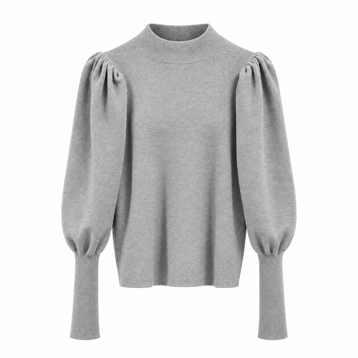 Women's Ribbed Knit Sweater With Stand-Up Collar And Puff Sleeves