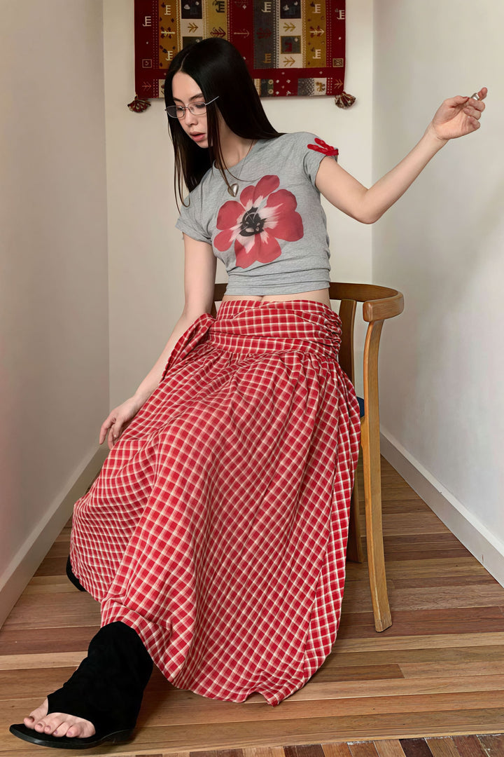 Karierter Polyester A-Linien Midirock Rot und Schwarz