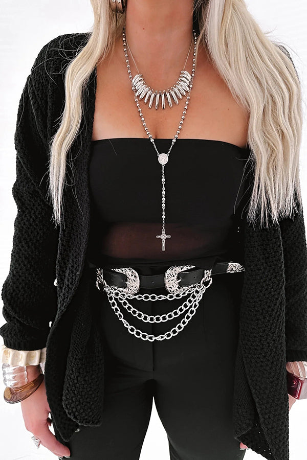 Gemütliche Strick-Mid-Length-Strickjacke mit langen Ärmeln
