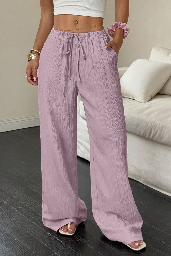 Damen Wide Leg Hose Mit Struktur Und Knotenbund