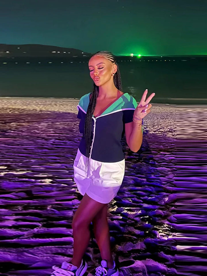 Damen Strickoberteil mit Reverskragen in Marineblau