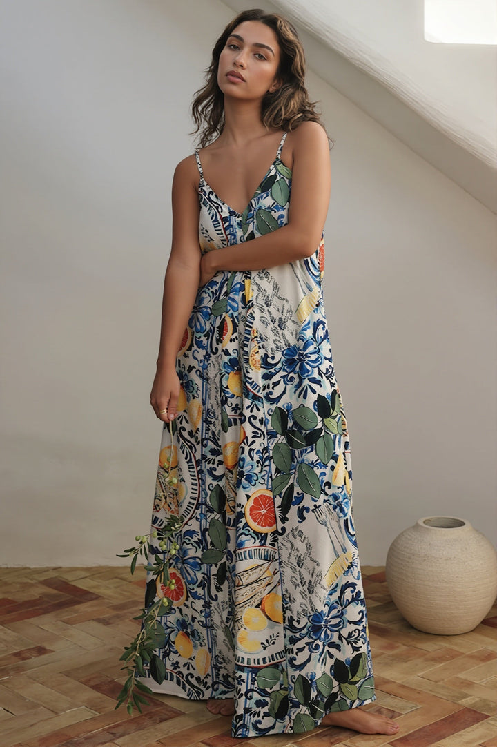 Damenkleid in Maxilänge mit Pflanzenprint und fließendem Schnitt