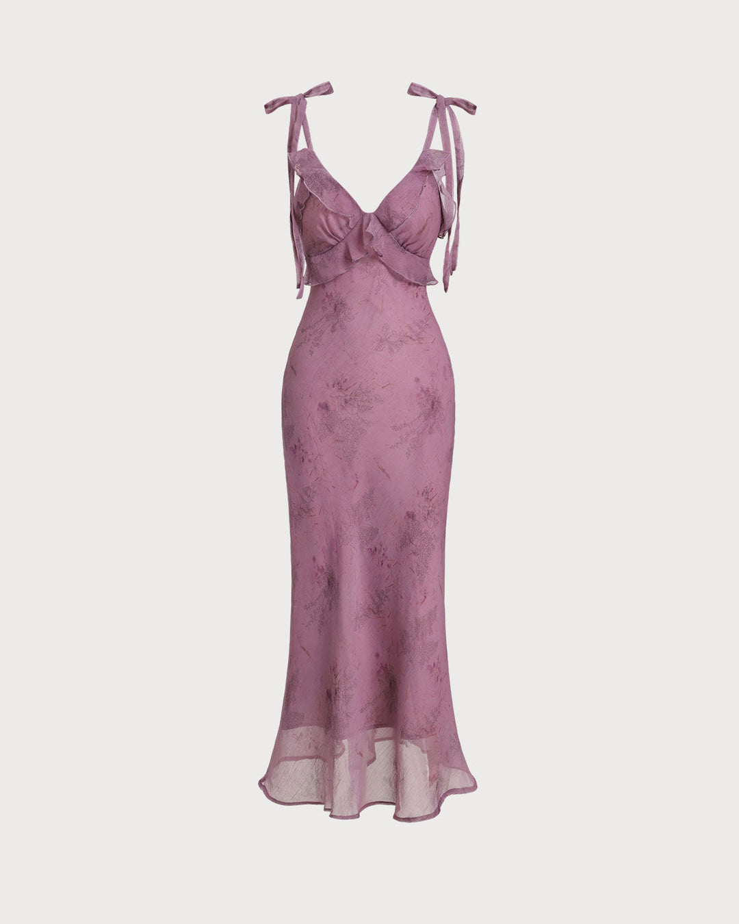 Lila Blumenmuster Midikleid mit Rüschen und Bindeträgern für Damen