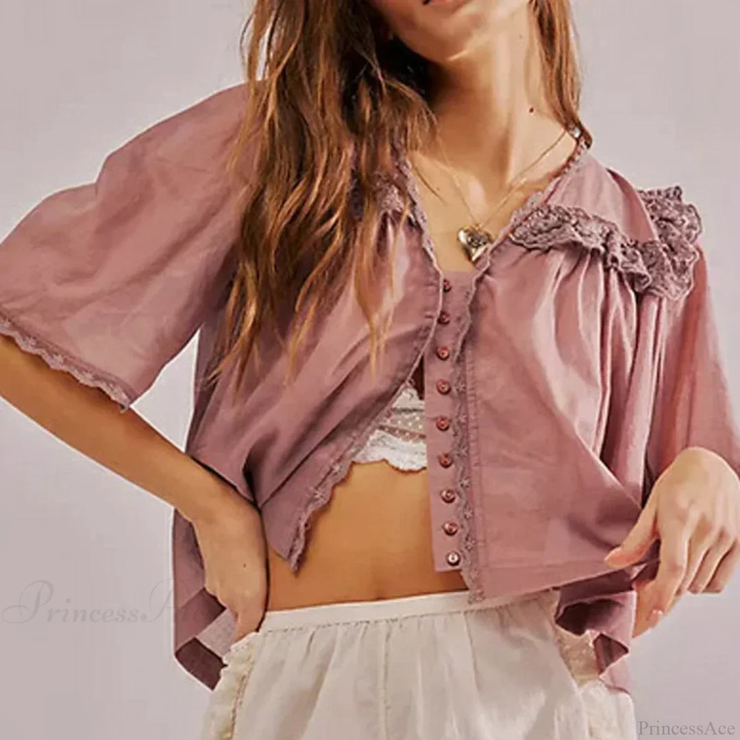 Damen-Chiffonbluse mit Rüschen und Spitzenbesatz, tiefem V-Ausschnitt
