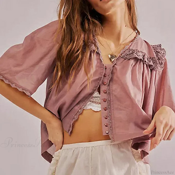 Damen-Chiffonbluse mit Rüschen und Spitzenbesatz, tiefem V-Ausschnitt