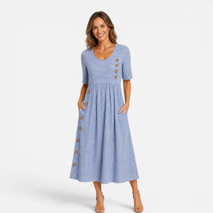 Gestreiftes Midi-Kleid für Damen mit Knopfdetail und Taschen