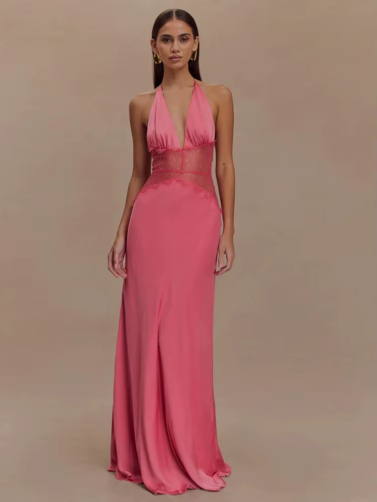 Maxikleid mit Neckholder, Spitzeneinsatz und freiem Rücken