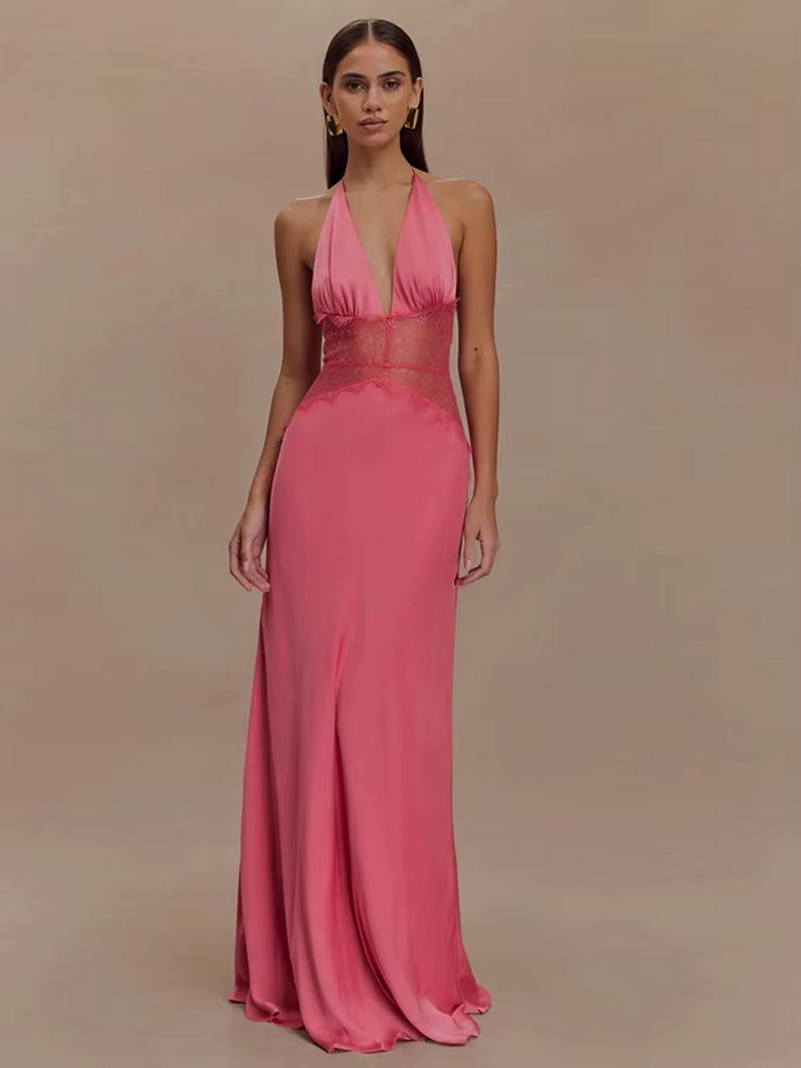 Maxikleid mit Neckholder, Spitzeneinsatz und freiem Rücken