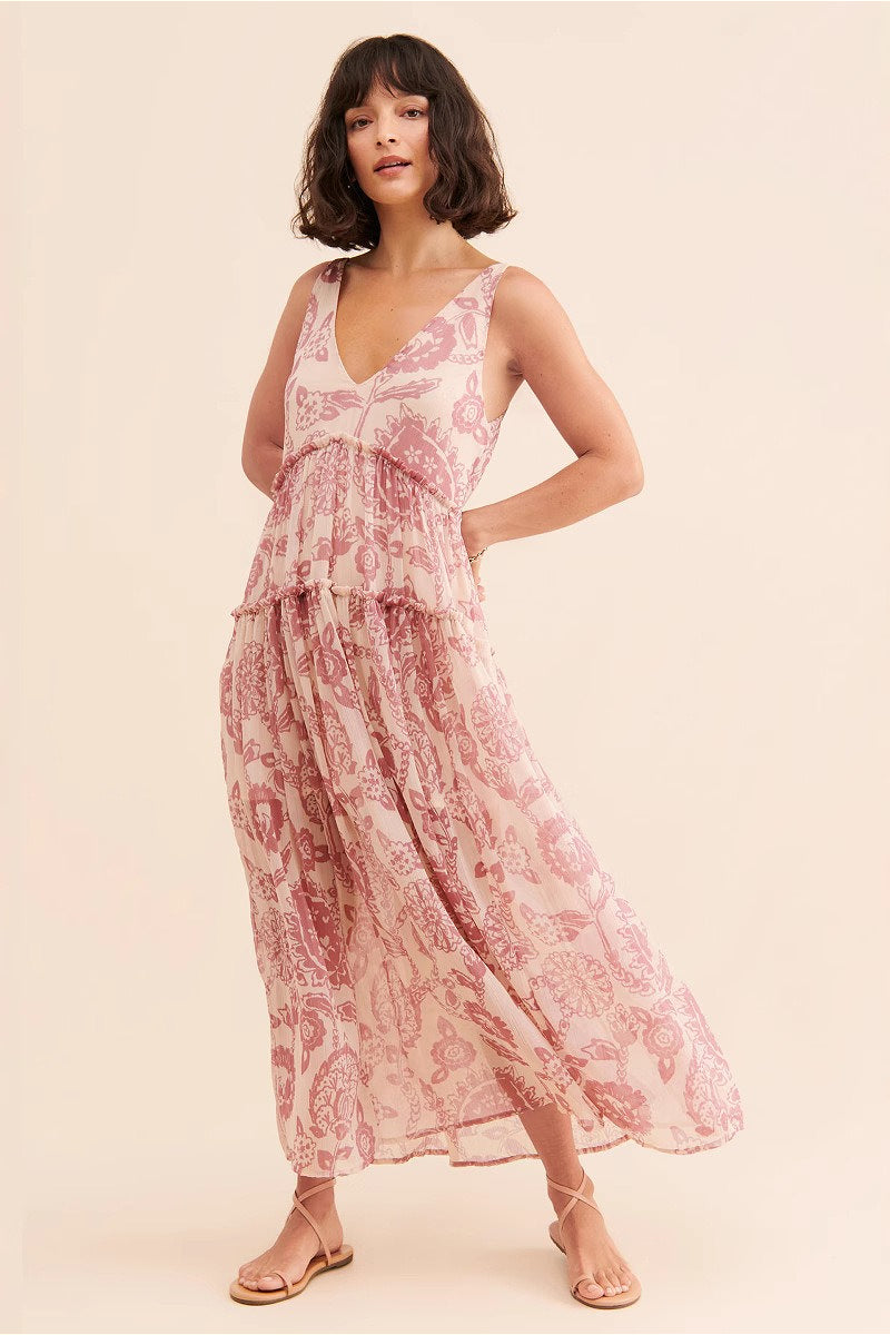 Damen-Sommerkleid als Maxikleid mit Blumenmuster und elegantem Volantsaum