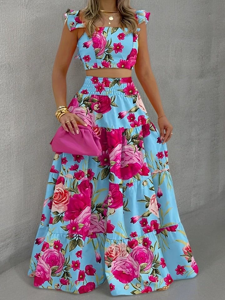 Set aus Bustier-Top mit Blumenrüschen und ausgestelltem Maxirock