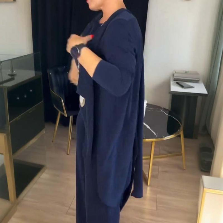 Schickes 3-teiliges Set aus langem Cardigan, Oberteil und Hose