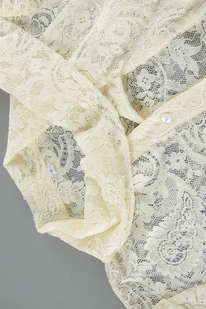 Damen Transparente Spitzenbluse mit Schleifenkragen Aprikose