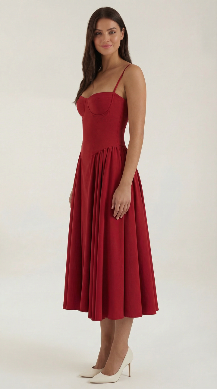Damen Blumenmieder Midikleid mit Herzausschnitt