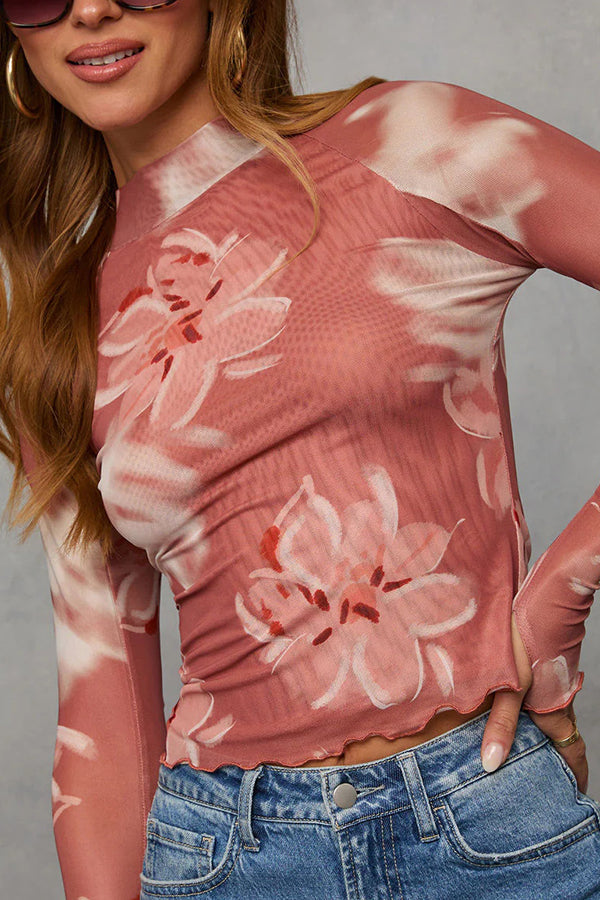 Schmal geschnittenes Langarmshirt mit Blumenmuster für die Freizeit