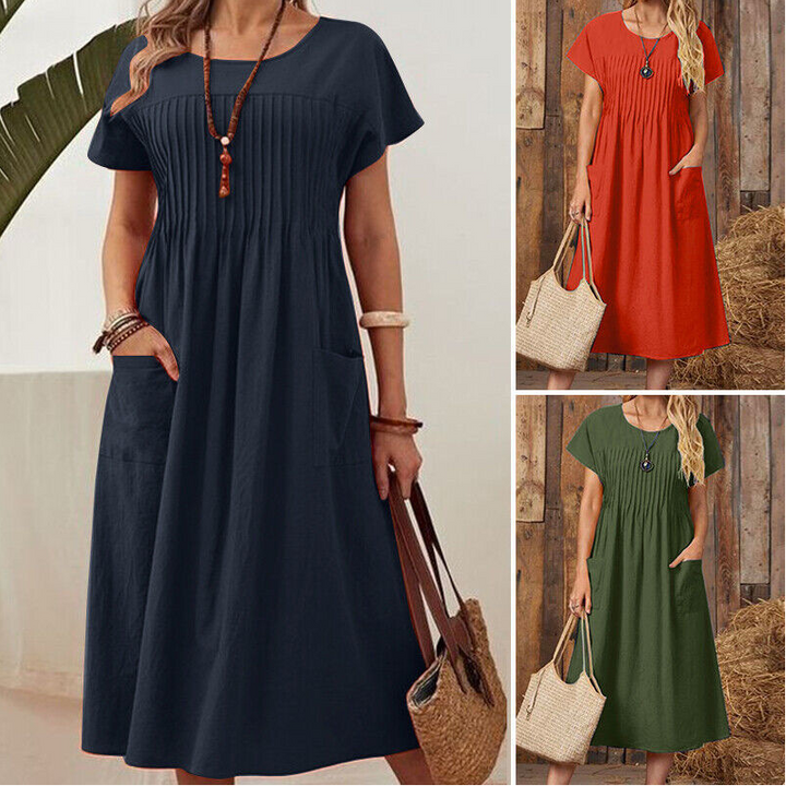 Faltiges Midi-Kleid mit kurzen Ärmeln und Taschen