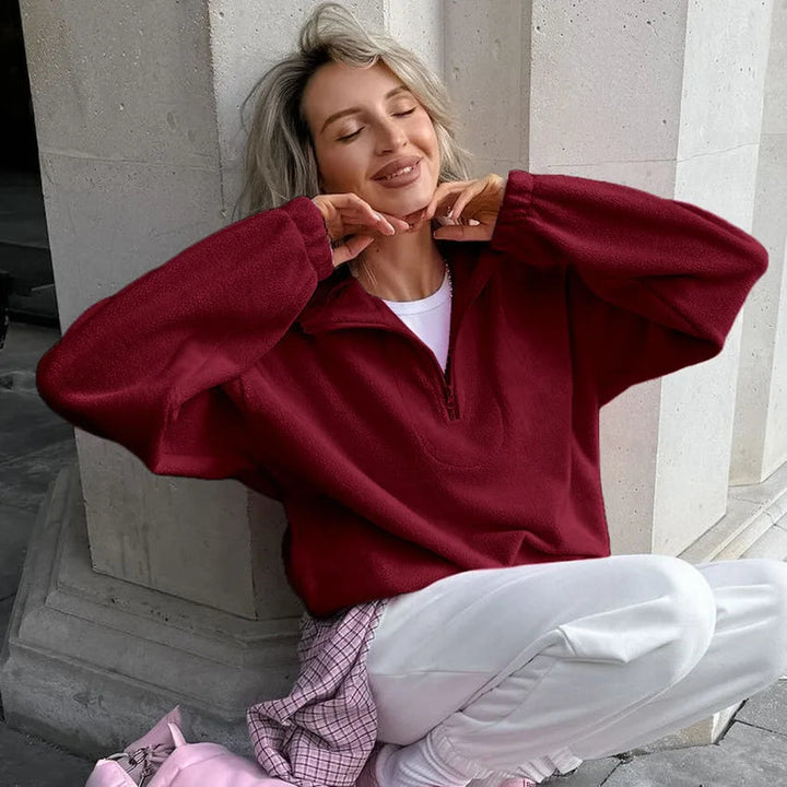 Damen Fleece Sweatshirt Stehkragen Reißverschluss Lässige Passform