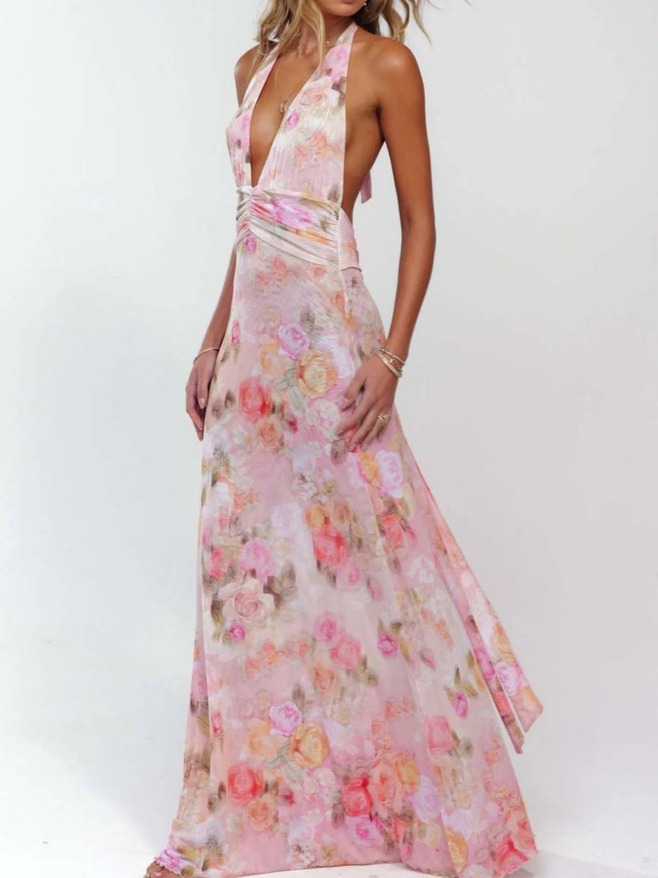 Maxikleid mit Blumenmuster, Neckholder und tiefem V-Ausschnitt