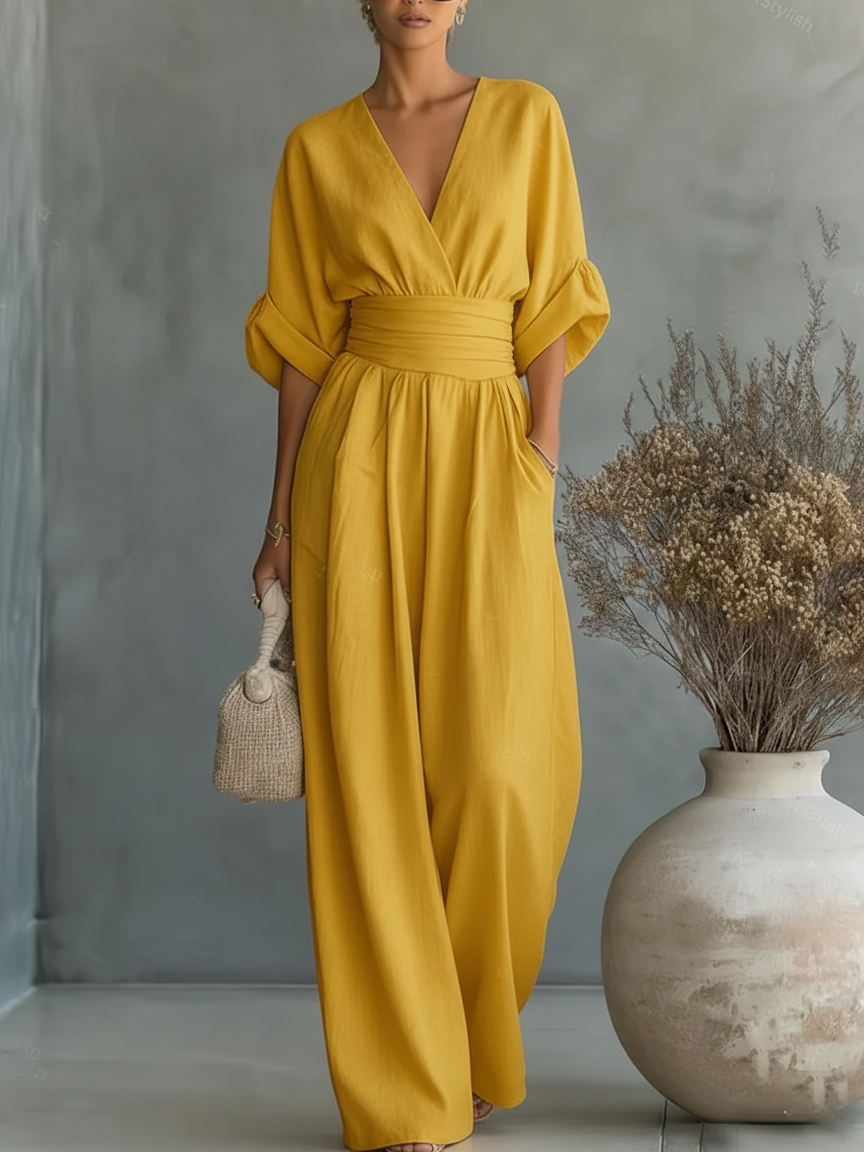 Eleganter V-Ausschnitt Jumpsuit mit hoher Taille und weitem Schnitt